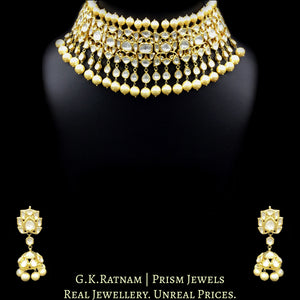 18k Gold and Diamond Polki Choker Necklace Set with glossy pearl hangings - G. K. Ratnam