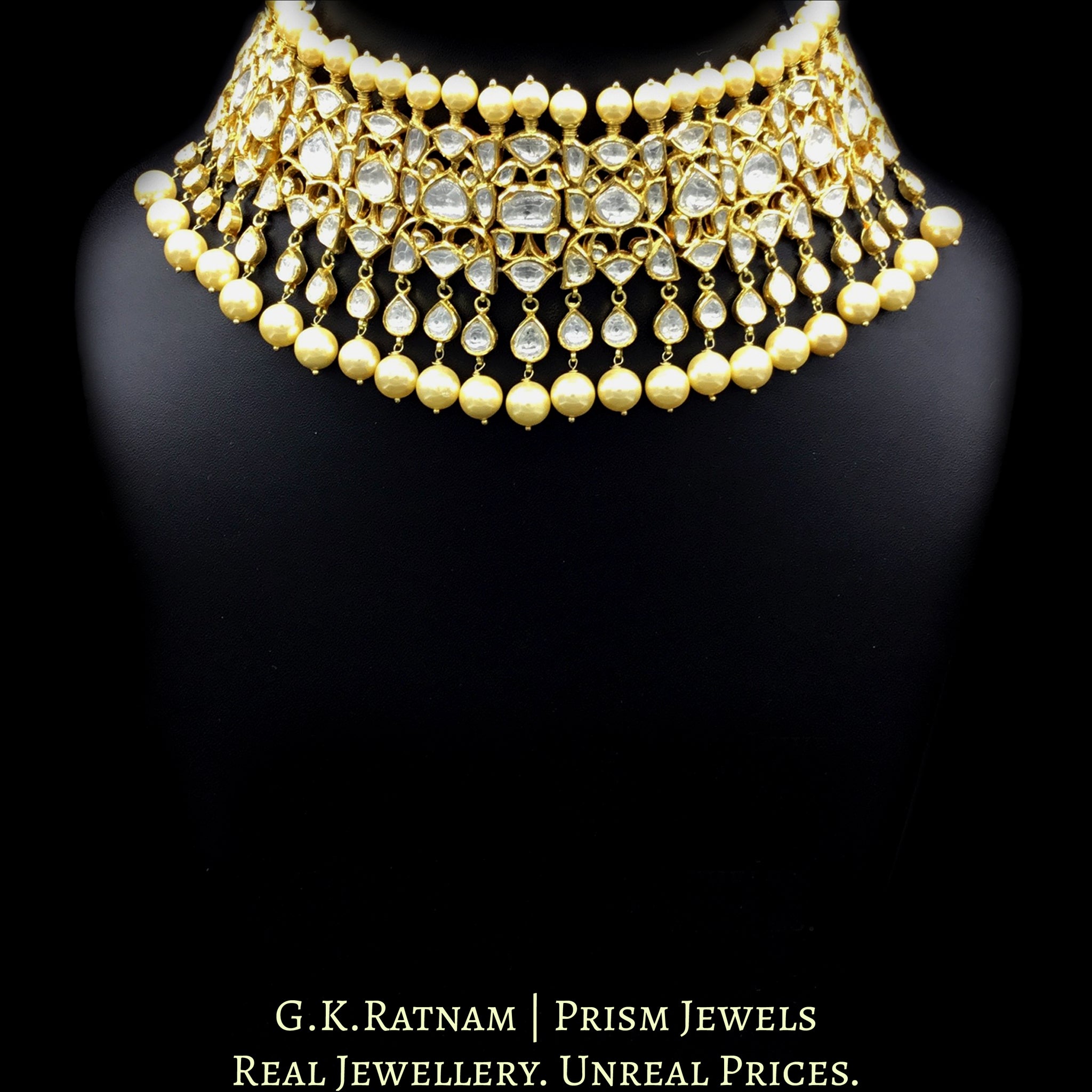 18k Gold and Diamond Polki Choker Necklace Set with glossy pearl hangings - G. K. Ratnam