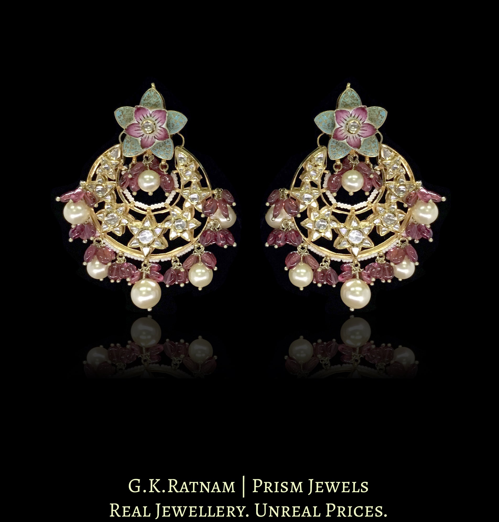 18k Gold and Diamond Polki Chand Bali Earring Pair with Pink and Turquoise Enamelled Floral Tops