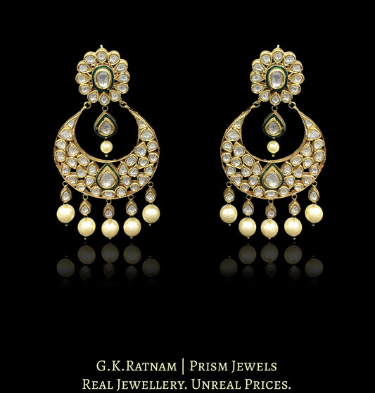 18k Gold and Diamond Polki Chand Bali Earring Pair with Green Enamel