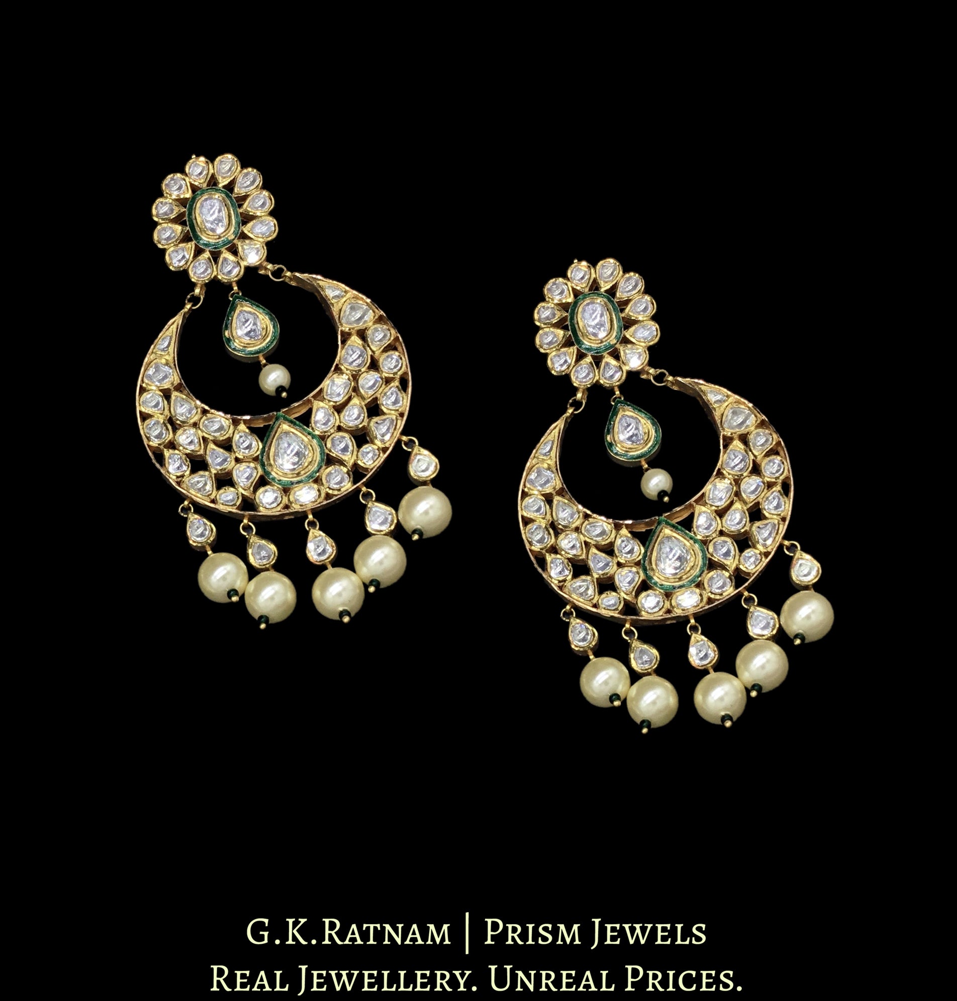 18k Gold and Diamond Polki Chand Bali Earring Pair with Green Enamel