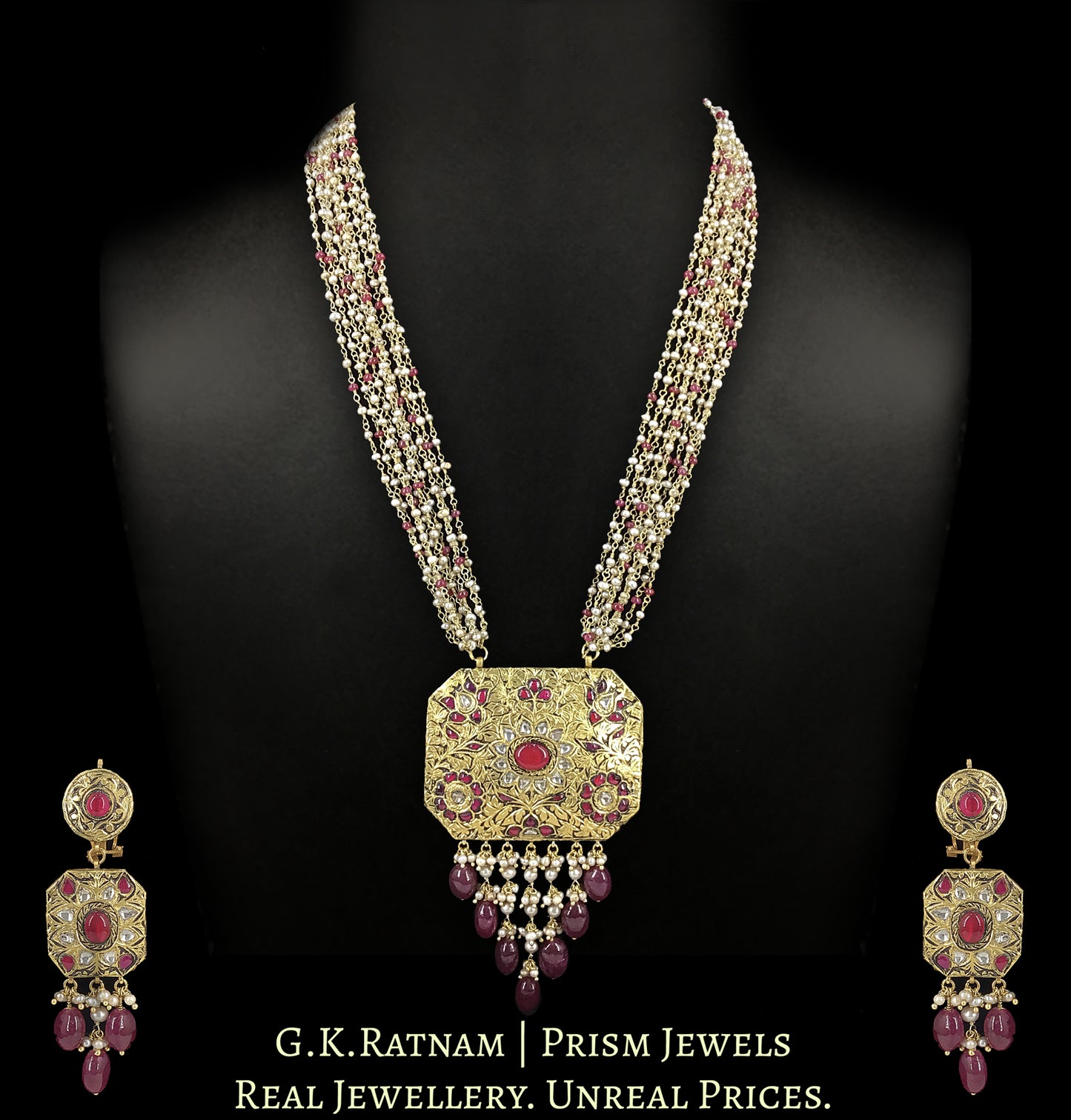 23k Gold And Diamond Polki Antiqued south-style Octagonal Pendant Set with Pearl and Ruby Chains