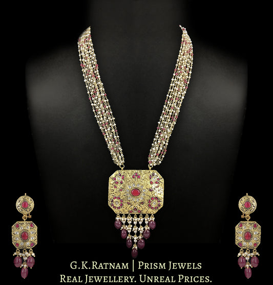 23k Gold And Diamond Polki Antiqued south-style Octagonal Pendant Set with Pearl and Ruby Chains