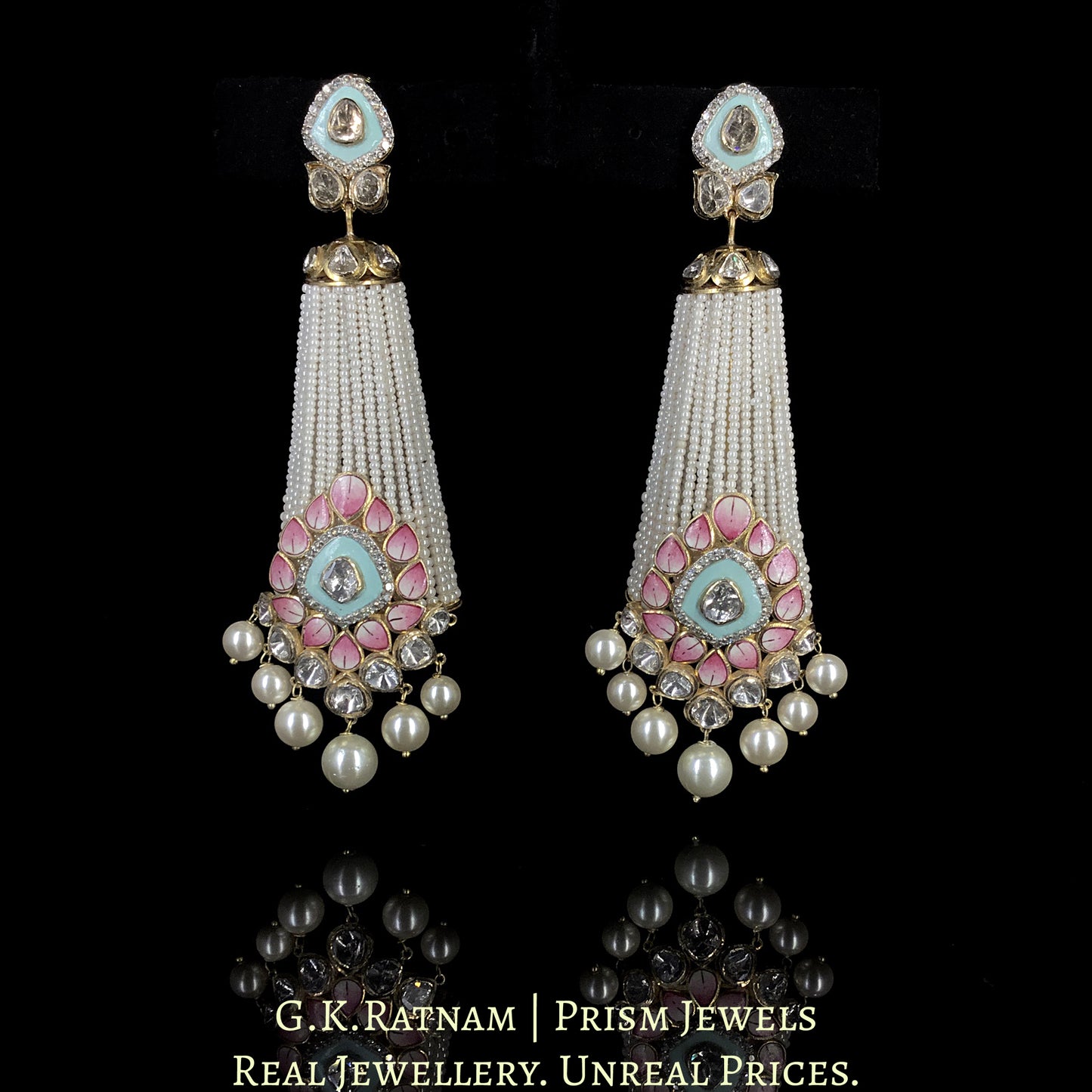 18k Gold and Diamond Polki Open Setting Long Jhumki Earring Pair With Pastel Meenakari and Chid Pearls