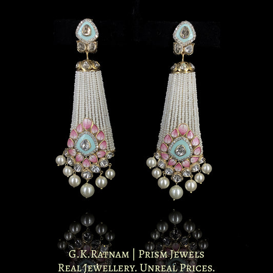 18k Gold and Diamond Polki Open Setting Long Jhumki Earring Pair With Pastel Meenakari and Chid Pearls