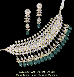 18K Gold and Diamond Polki Choker Necklace Set With Green Beryls