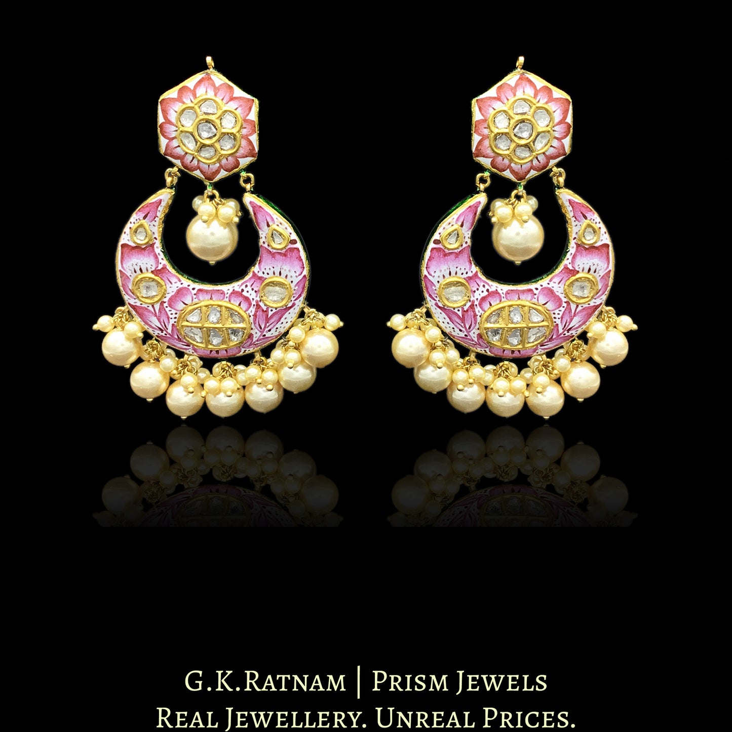 23k Gold and Diamond Polki Chand Bali Earring Pair with Pink Enamelling - G. K. Ratnam