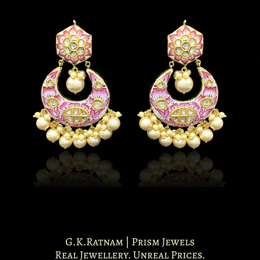 23k Gold and Diamond Polki Chand Bali Earring Pair with Pink Enamelling - G. K. Ratnam