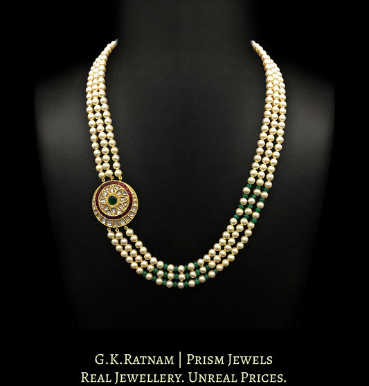 23k Gold and Diamond Polki Broach Necklace with round tikda strung in pearls and emerald-grade green beryls - G. K. Ratnam