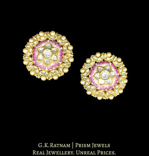 18k Gold and Diamond Polki Pink Enamelled Karanphool Earring Pair - G. K. Ratnam