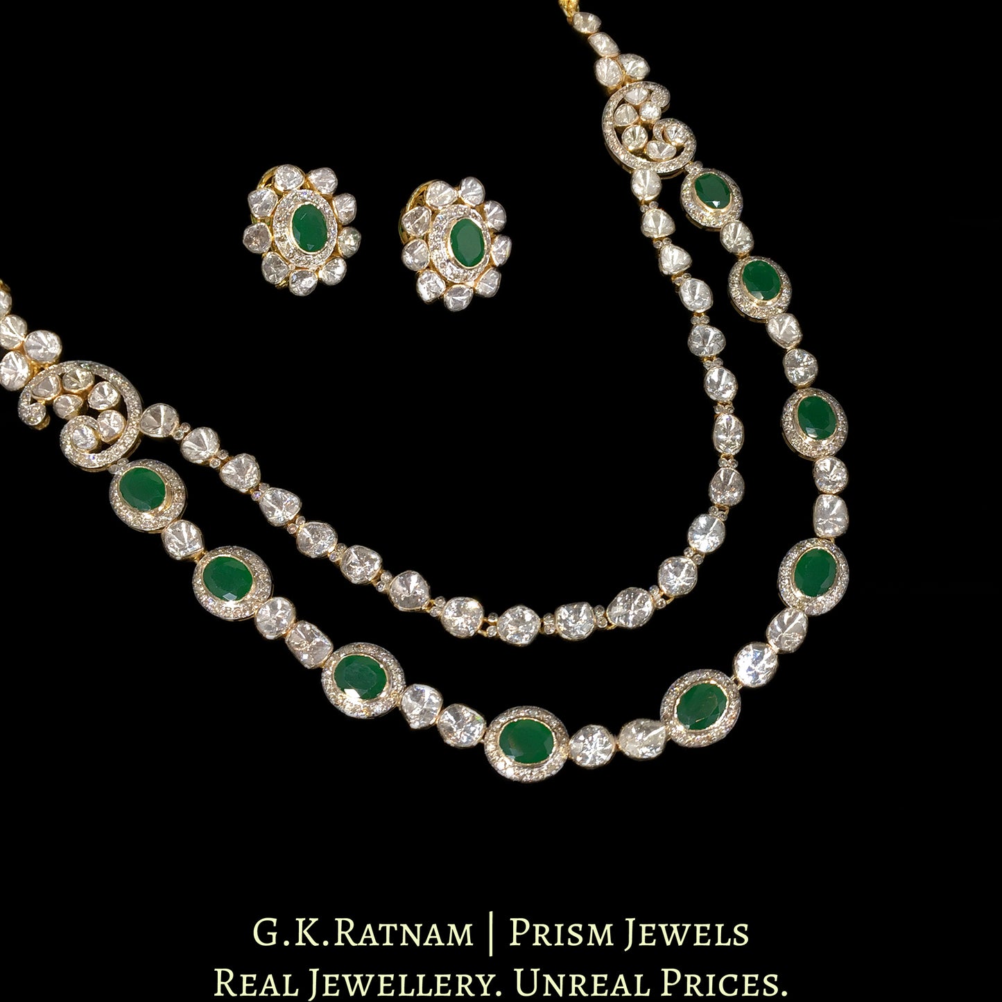 14k Gold and Diamond Polki Open Setting two-line Necklace Set