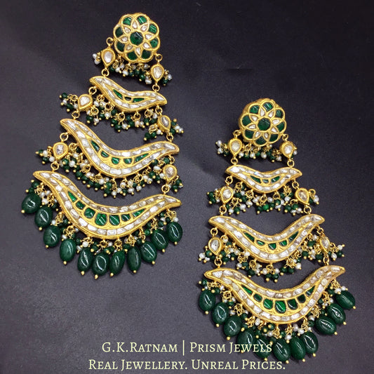 23k Gold and Diamond Polki pasa-style Chandelier Earring Pair with a hint of green - G. K. Ratnam