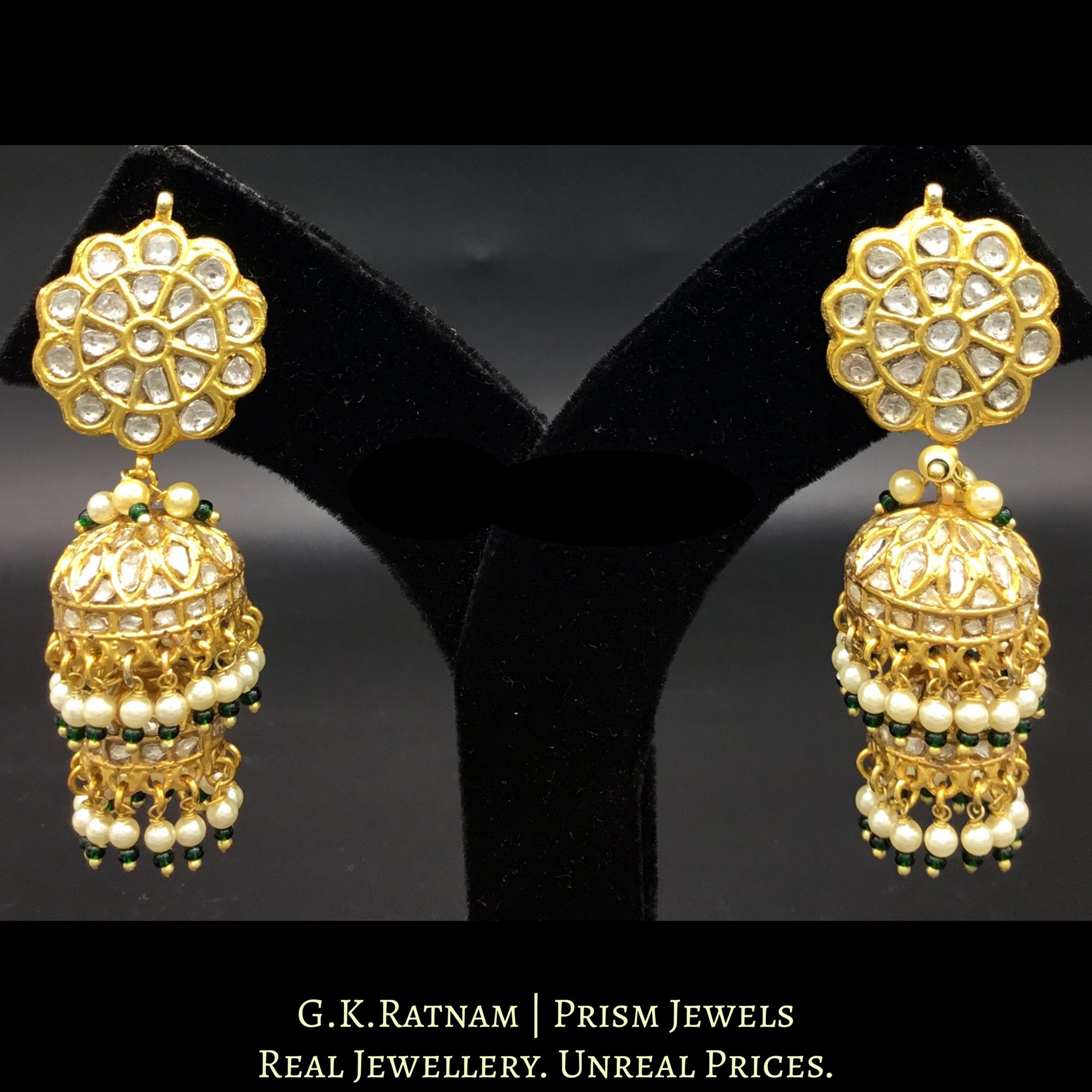 23k Gold and Diamond Polki two-tier Jhumki Earring Pair with pearls and a hint of green