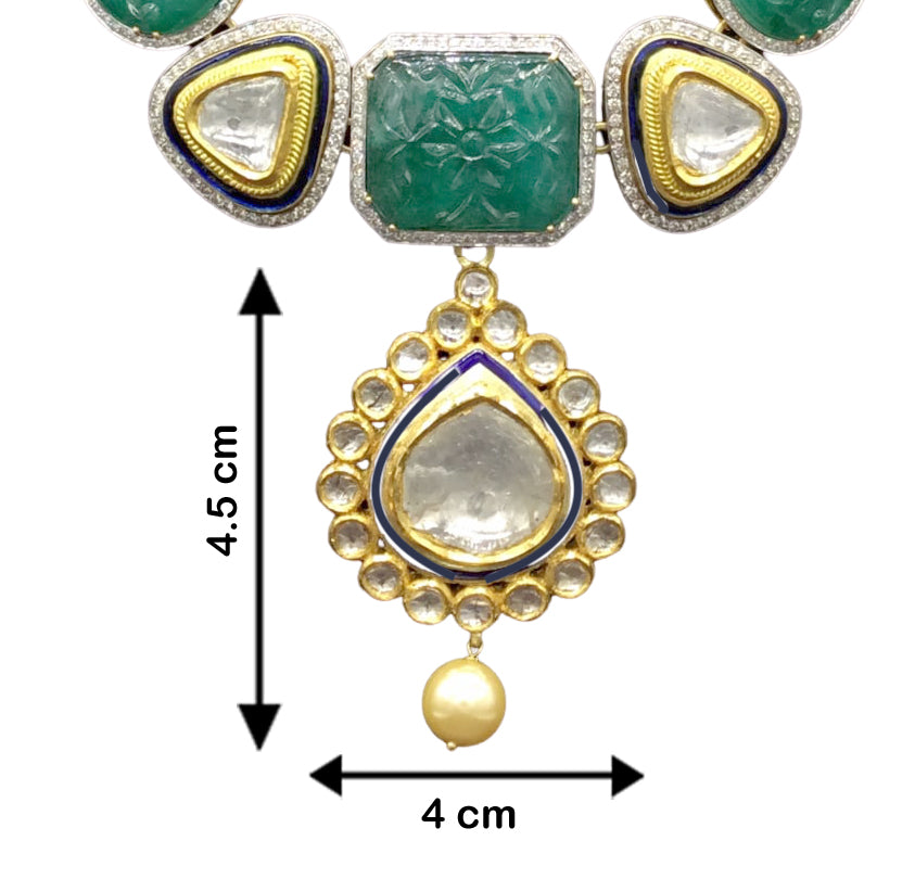 18k Gold and Diamond Polki fusion Necklace Set with big uncut hanging and Green Beryl Carvings