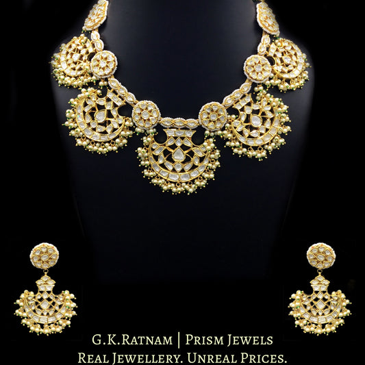 18k Gold and Diamond Polki Pankhi (fan) Necklace Set with pearls and a hint of green - G. K. Ratnam