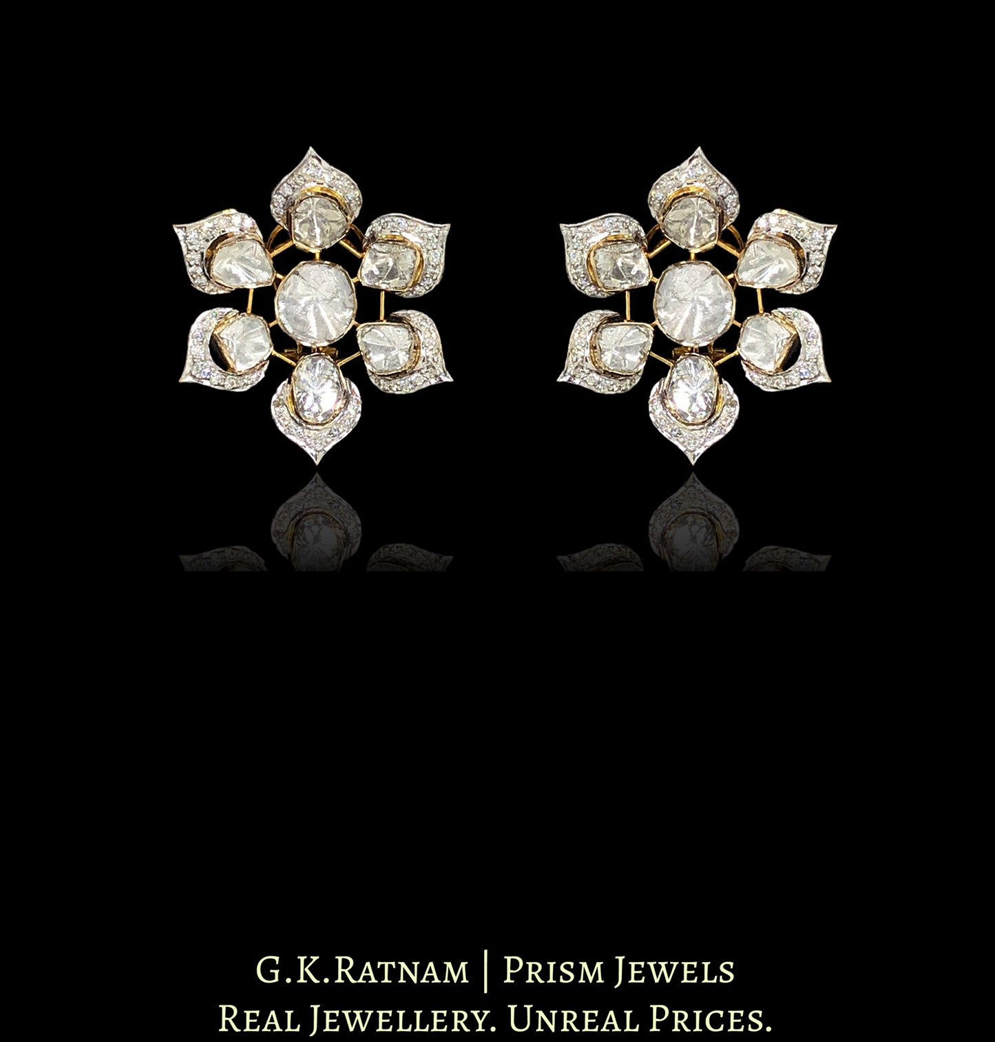 14k Gold and Diamond Polki Open Setting Flowery Karanphool Earring Pair