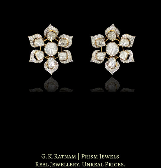 14k Gold and Diamond Polki Open Setting Flowery Karanphool Earring Pair