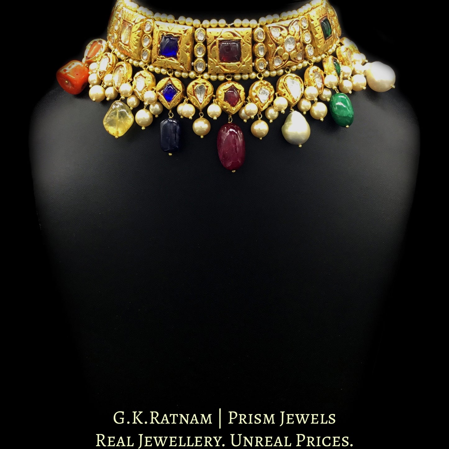 18k Gold and Diamond Polki Antique Navratna Choker Necklace Set with multi-colored stone hangings - G. K. Ratnam