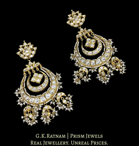 18k Gold and Diamond Polki Chand Bali Earring Pair with inverted crescent tikdas strung in hyderbadi pearls