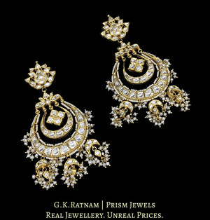 18k Gold and Diamond Polki Chand Bali Earring Pair with inverted crescent tikdas strung in hyderbadi pearls