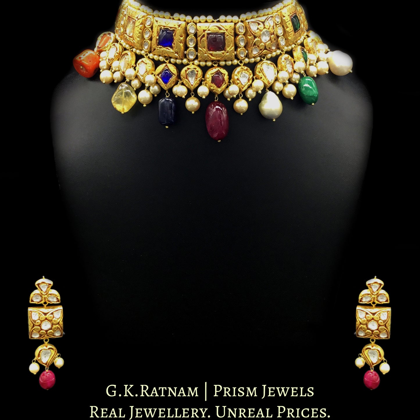 18k Gold and Diamond Polki Antique Navratna Choker Necklace Set with multi-colored stone hangings - G. K. Ratnam