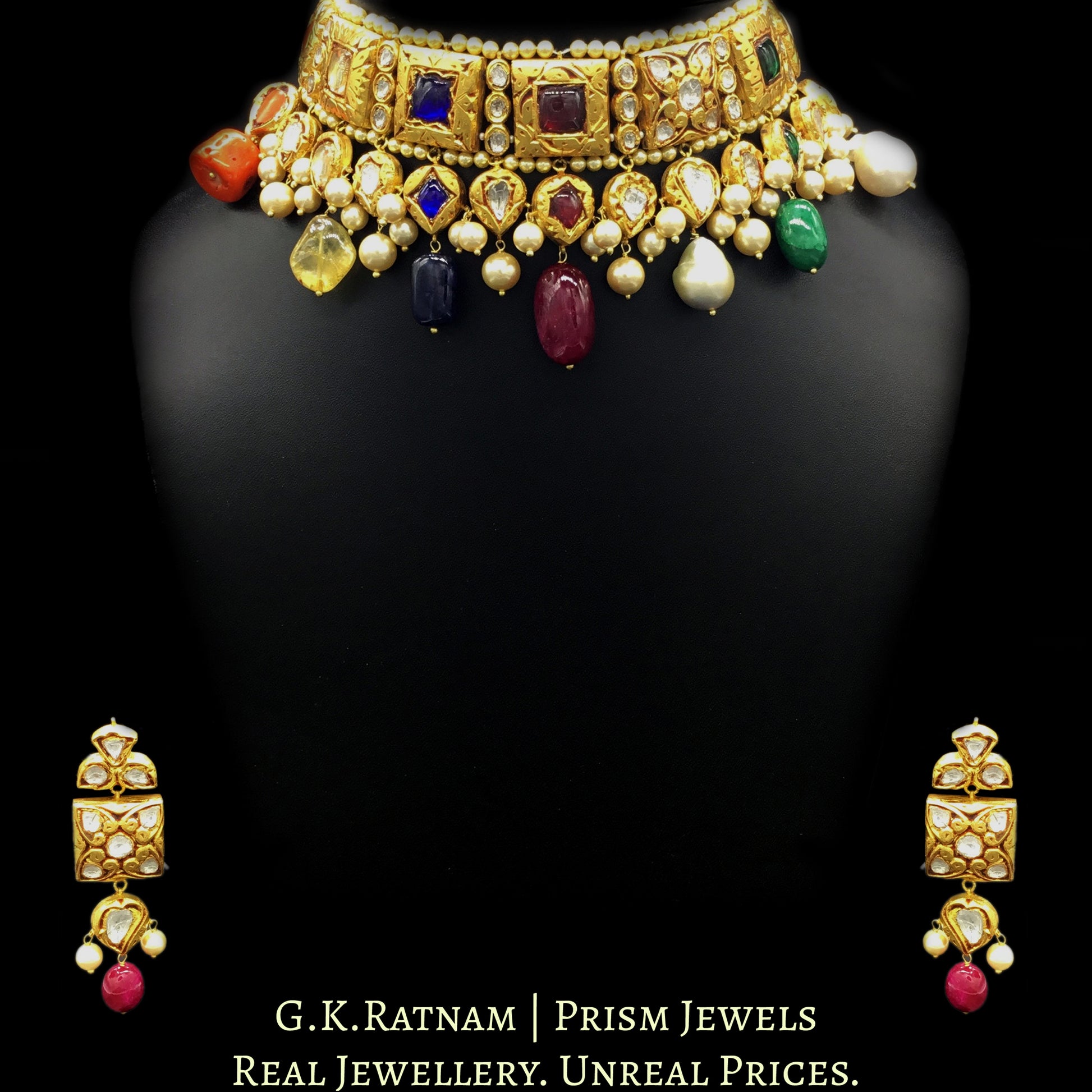 18k Gold and Diamond Polki Antique Navratna Choker Necklace Set with multi-colored stone hangings - G. K. Ratnam