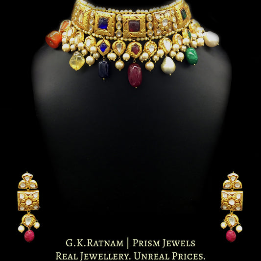 18k Gold and Diamond Polki Antique Navratna Choker Necklace Set with multi-colored stone hangings - G. K. Ratnam