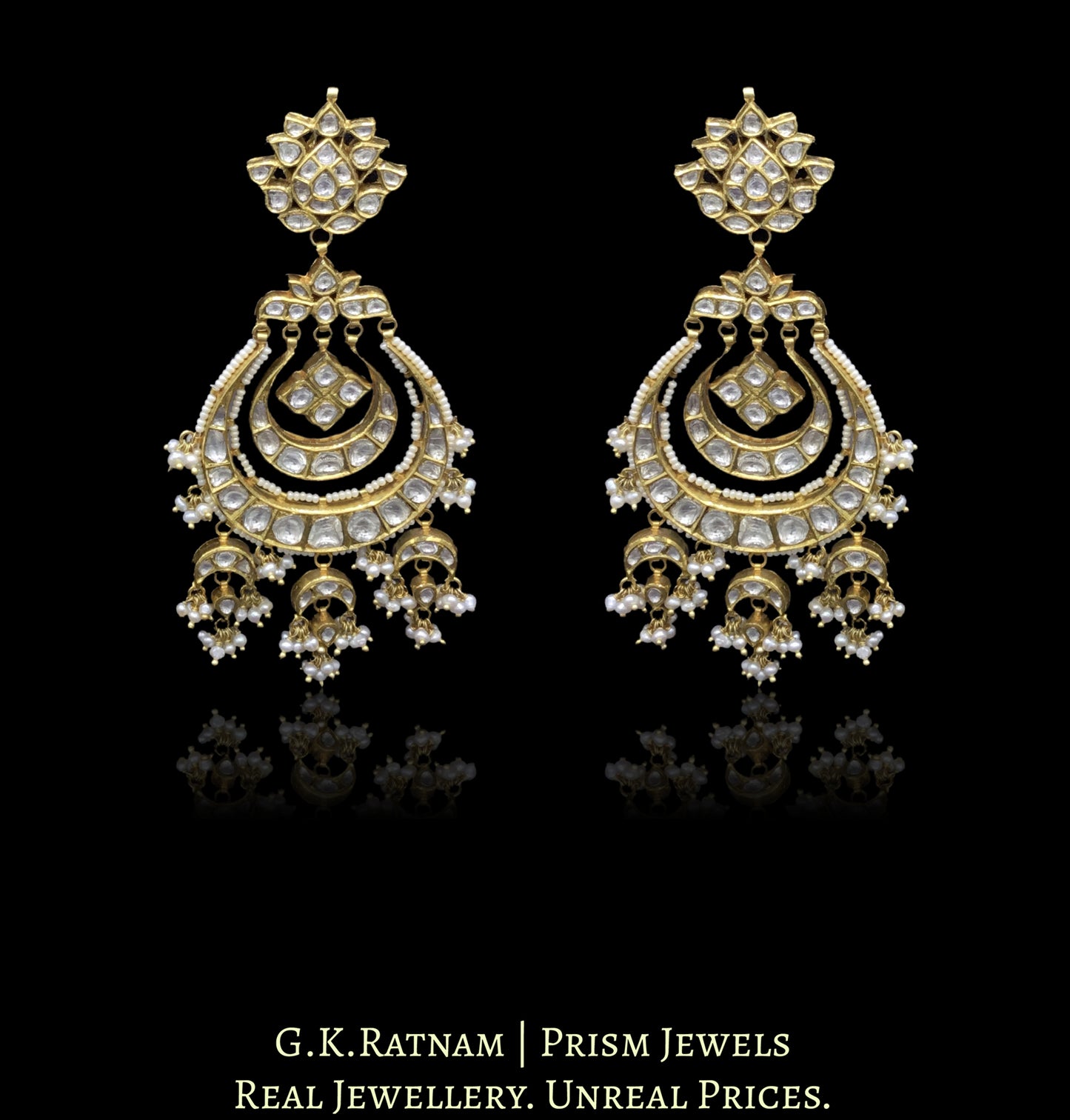 18k Gold and Diamond Polki Chand Bali Earring Pair with inverted crescent tikdas strung in hyderbadi pearls