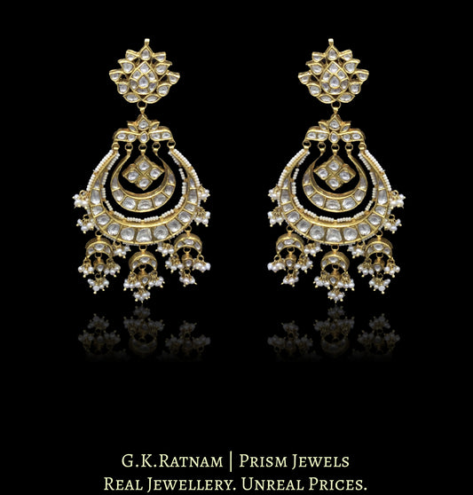 18k Gold and Diamond Polki Chand Bali Earring Pair with inverted crescent tikdas strung in hyderbadi pearls