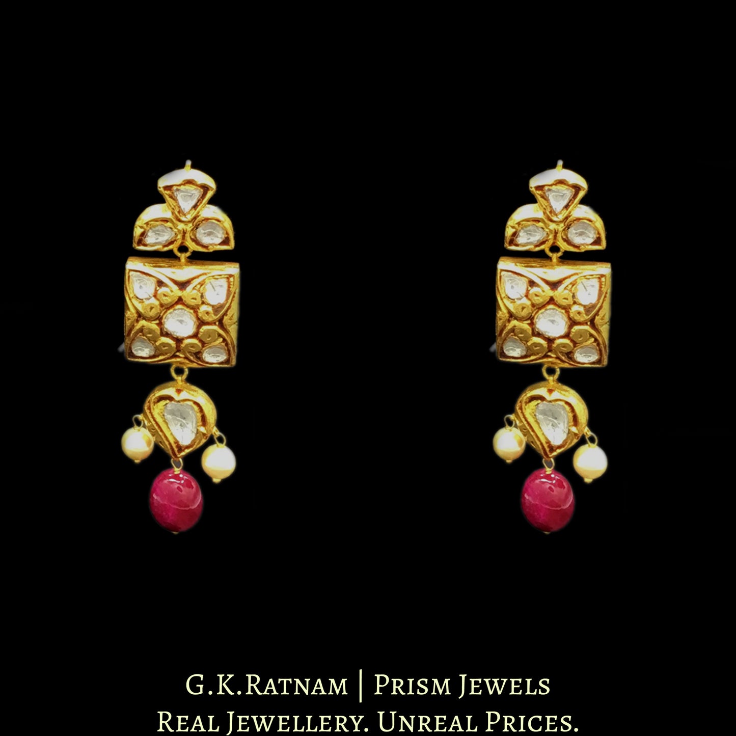 18k Gold and Diamond Polki Antique Navratna Choker Necklace Set with multi-colored stone hangings - G. K. Ratnam