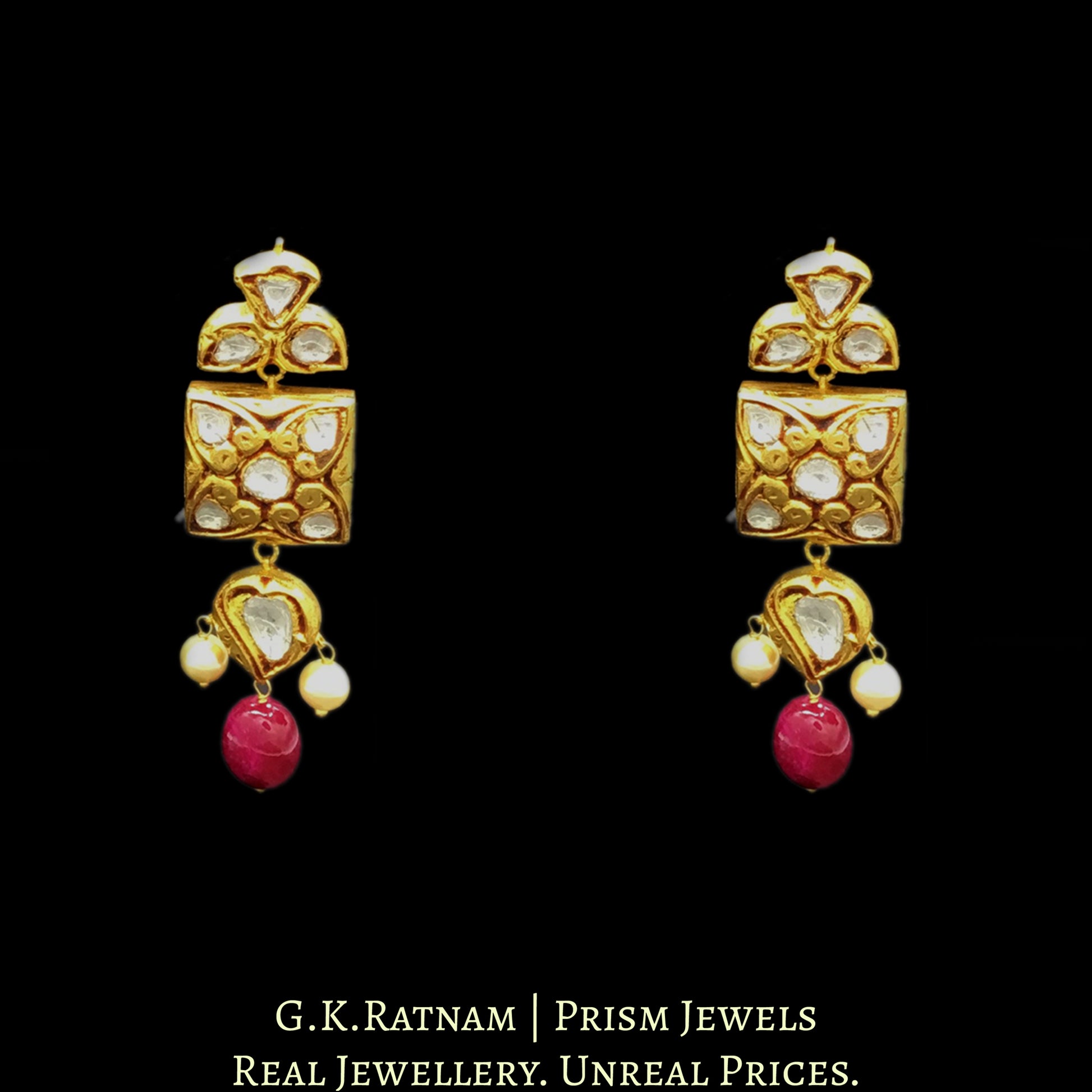 18k Gold and Diamond Polki Antique Navratna Choker Necklace Set with multi-colored stone hangings - G. K. Ratnam