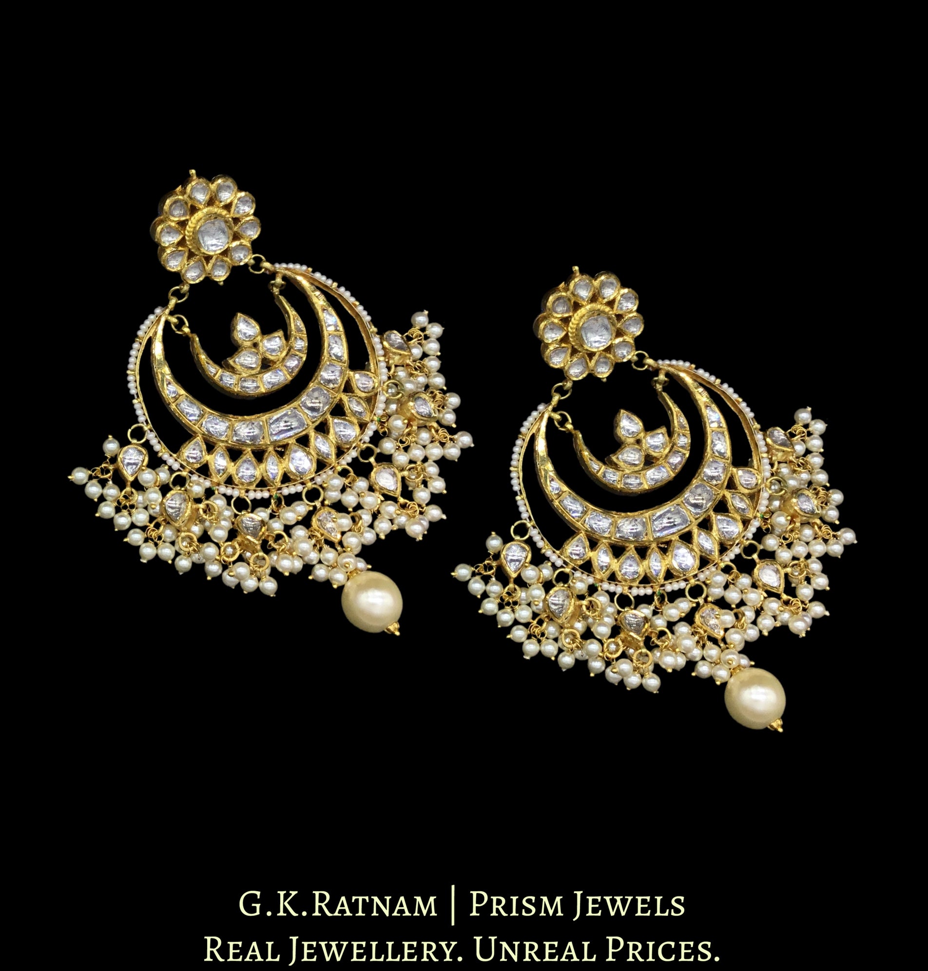 18k Gold and Diamond Polki Round multi-tier Chand Bali Earring Pair with pearls