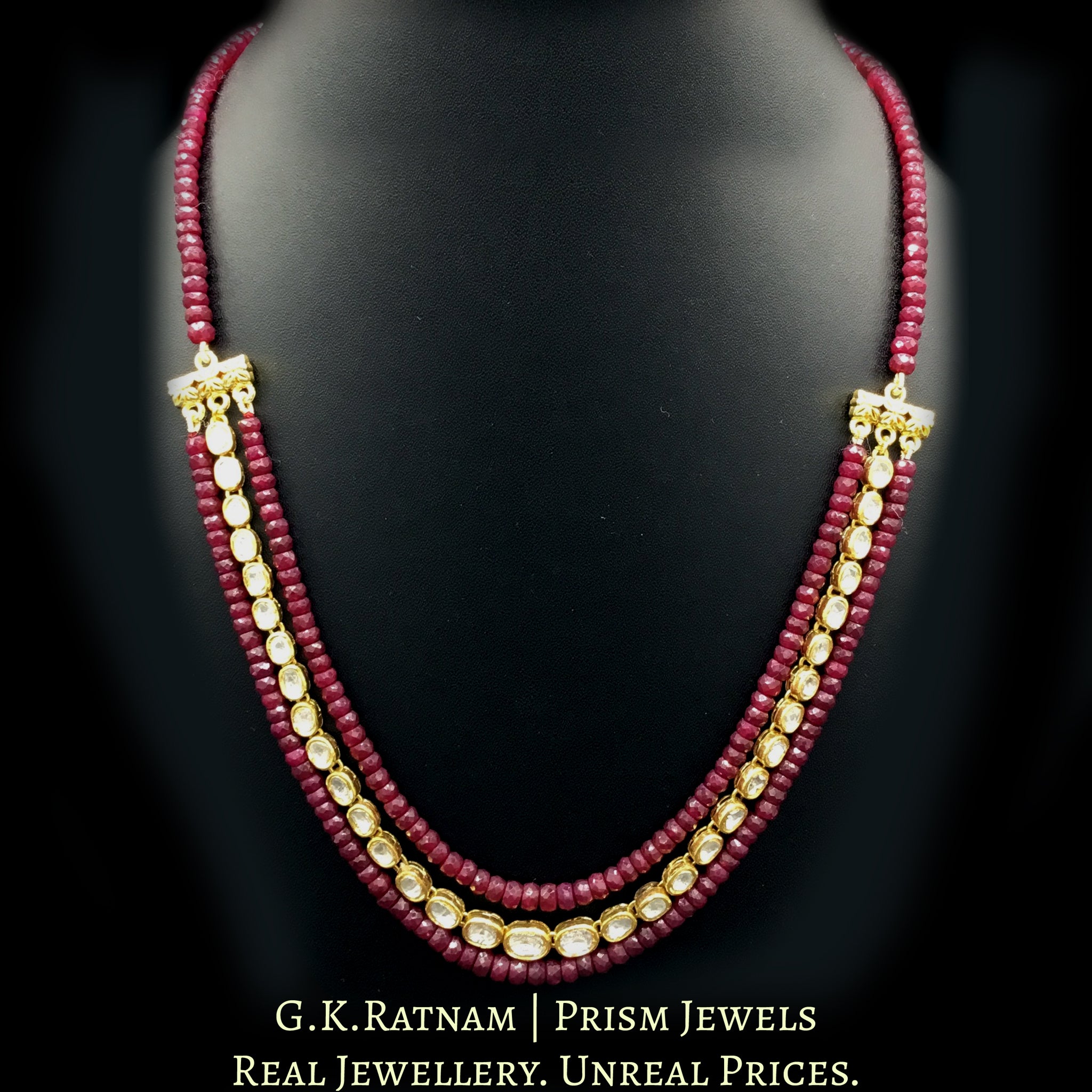 Traditional Gold and Diamond Polki single line Necklace sandwiched in natural cut rubies - G. K. Ratnam
