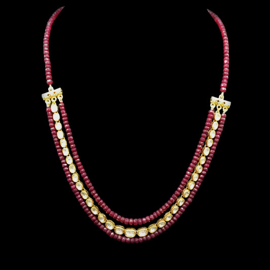 Traditional Gold and Diamond Polki single line Necklace sandwiched in natural cut rubies - G. K. Ratnam