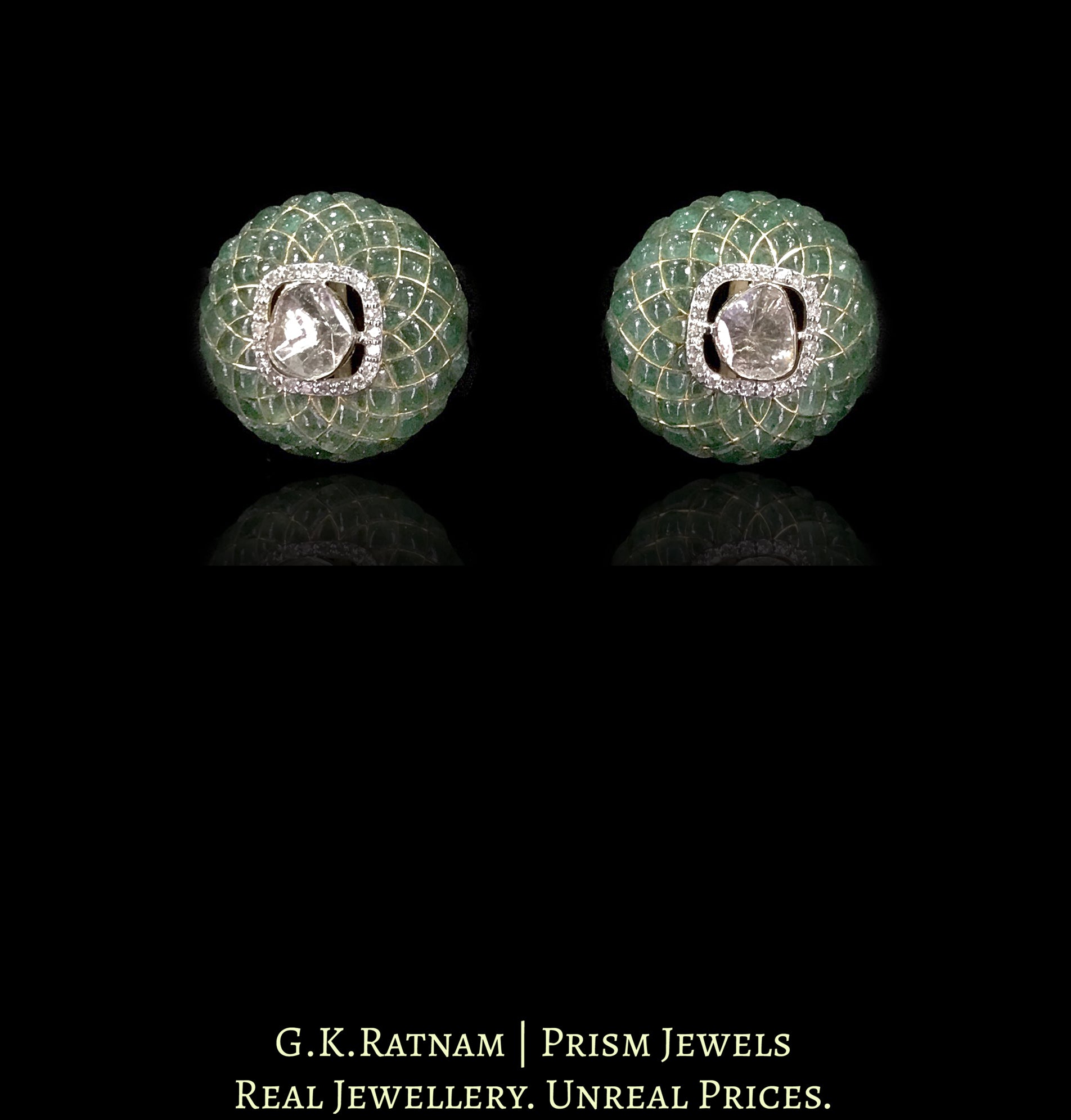 18k Gold and Diamond Polki Open Setting Tops / Studs Earring Pair with emerald-grade stones