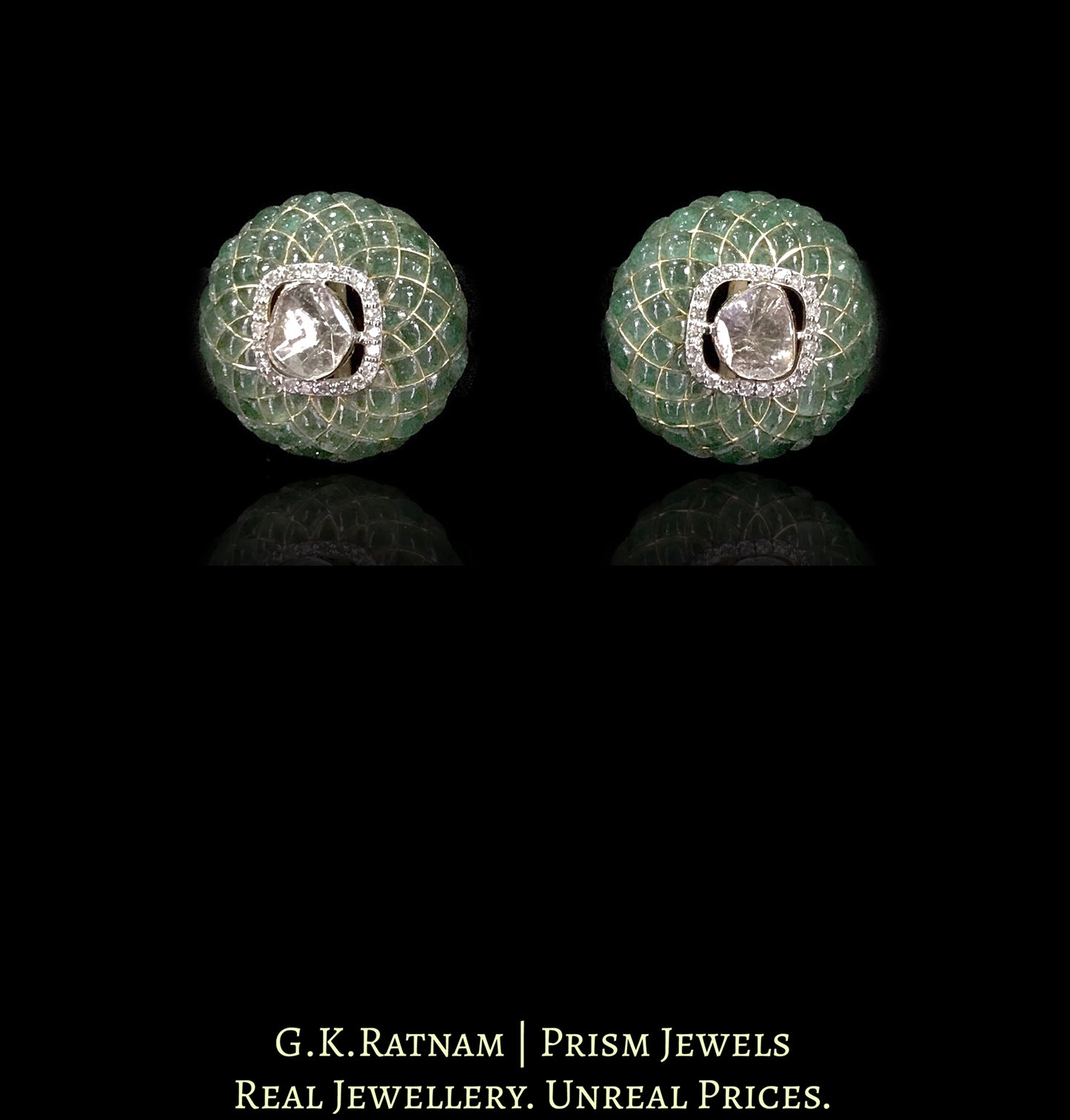 18k Gold and Diamond Polki Open Setting Tops / Studs Earring Pair with emerald-grade stones