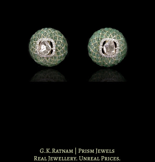 18k Gold and Diamond Polki Open Setting Tops / Studs Earring Pair with emerald-grade stones