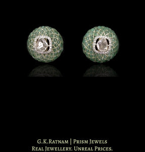18k Gold and Diamond Polki Open Setting Tops / Studs Earring Pair with emerald-grade stones