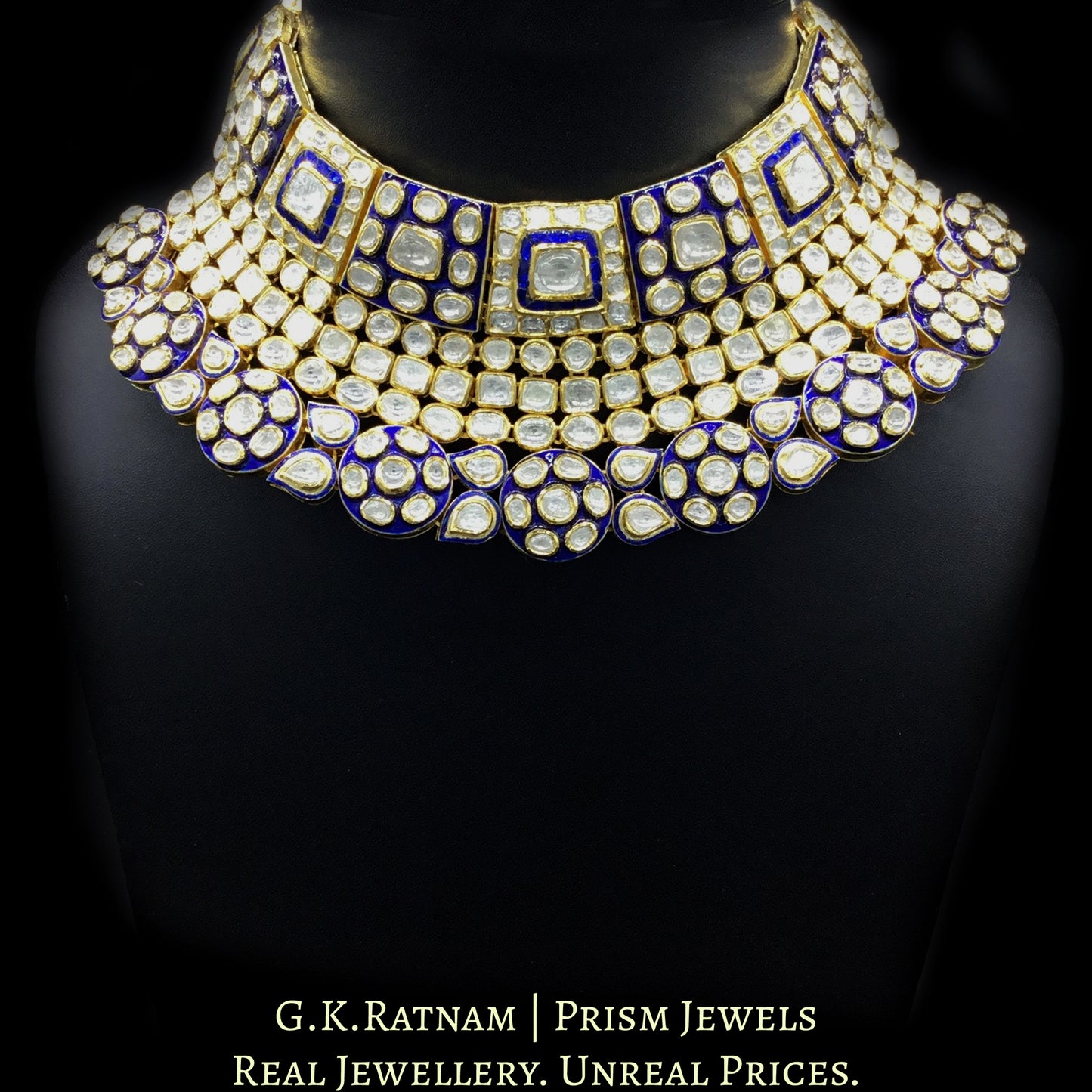 18k Gold and Diamond Polki Choker Necklace Set with Blue Enamel - G. K. Ratnam