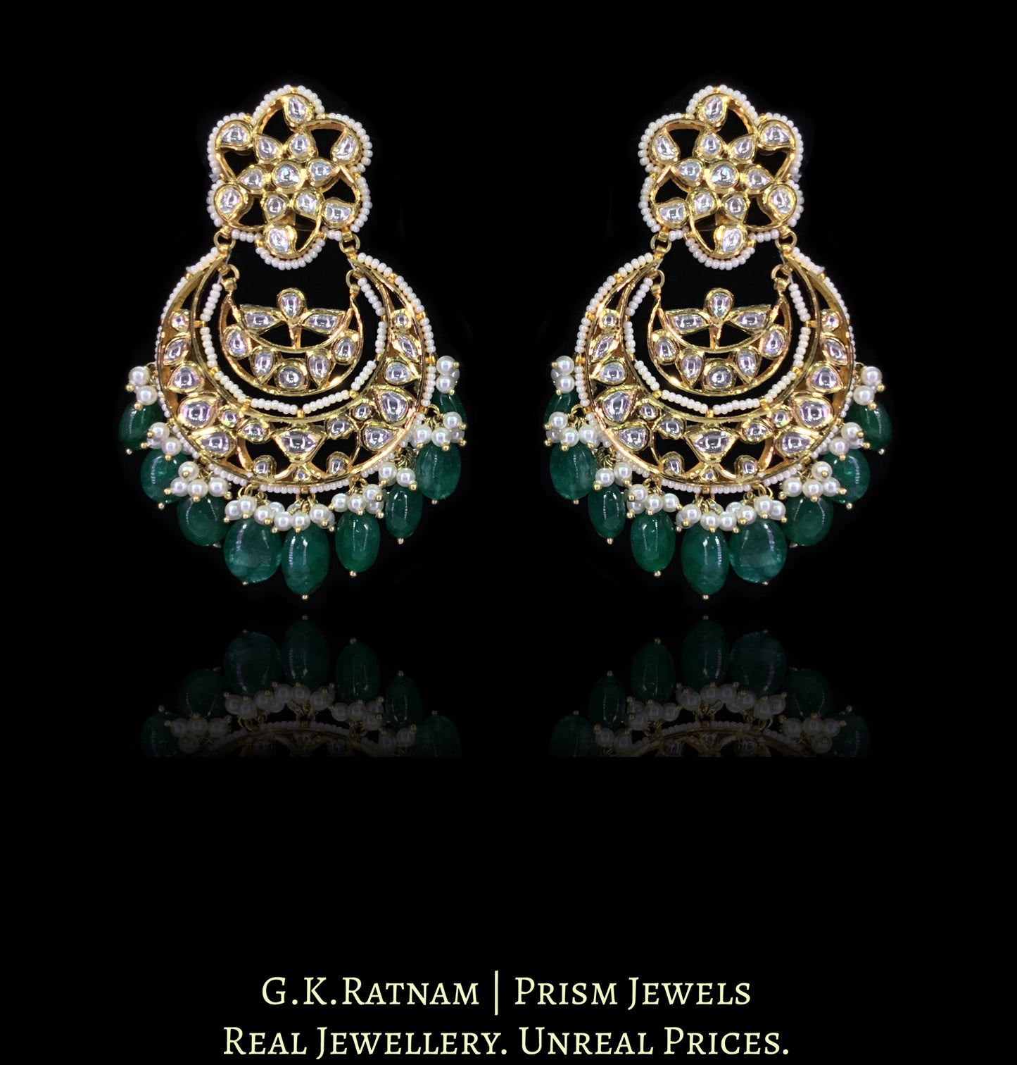 18k Gold and Diamond Polki Chand Bali Earring Pair with emerald-grade Green Beryls - G. K. Ratnam