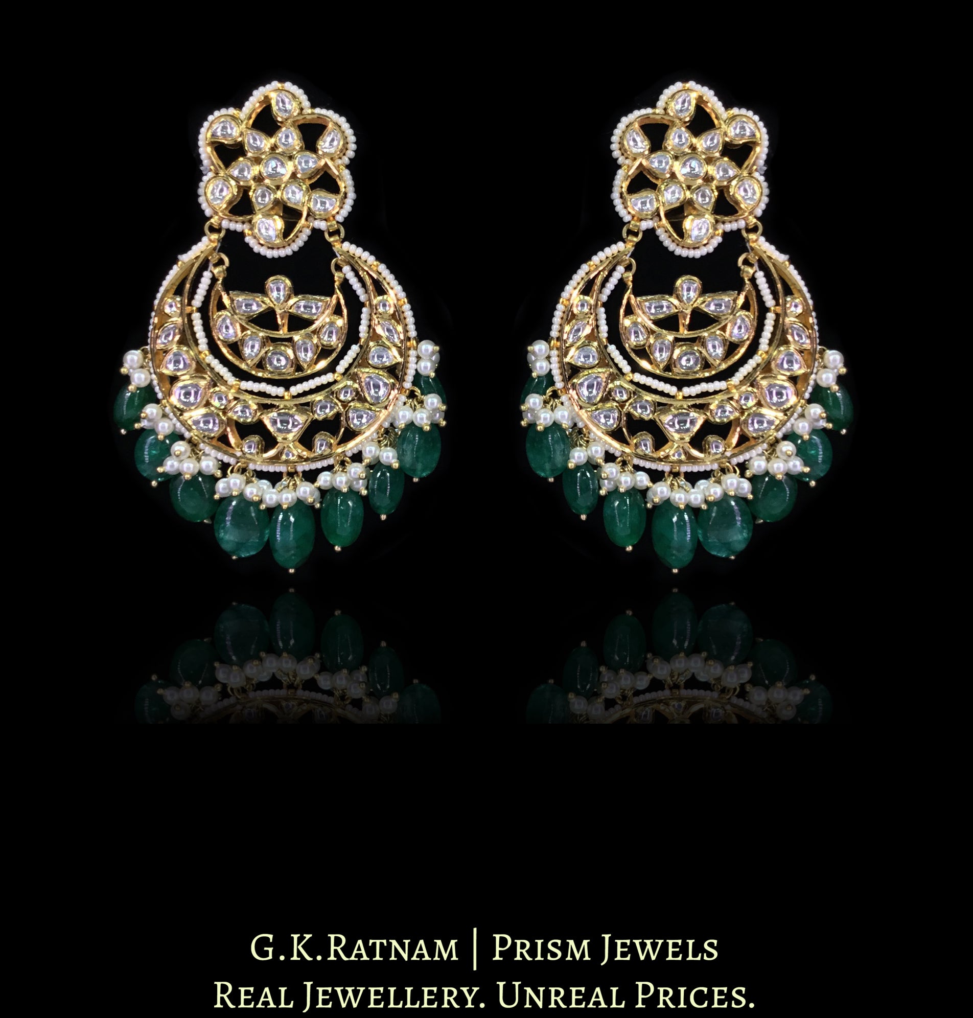 18k Gold and Diamond Polki Chand Bali Earring Pair with emerald-grade Green Beryls - G. K. Ratnam