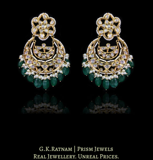 18k Gold and Diamond Polki Chand Bali Earring Pair with emerald-grade Green Beryls - G. K. Ratnam