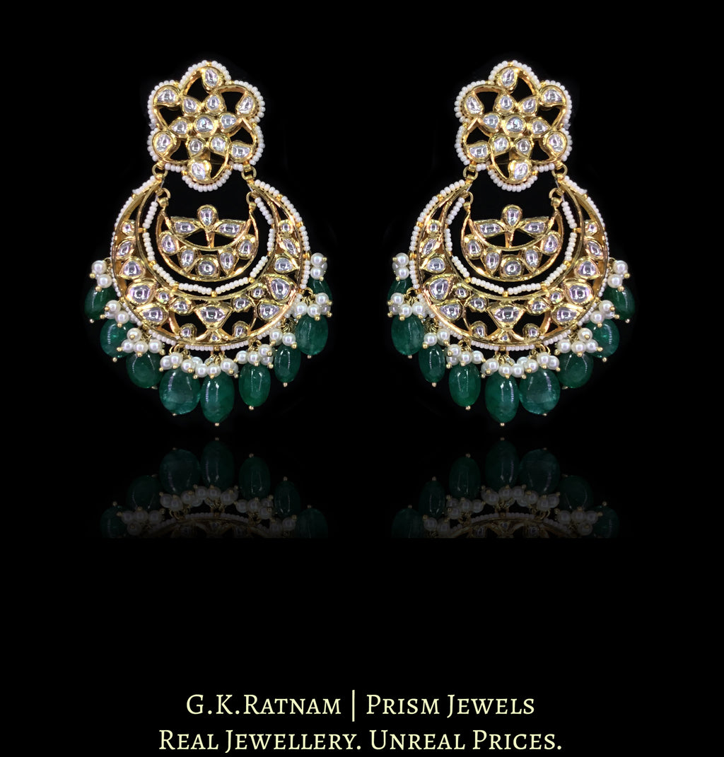 18k Gold and Diamond Polki Chand Bali Earring Pair with emerald-grade Green Beryls