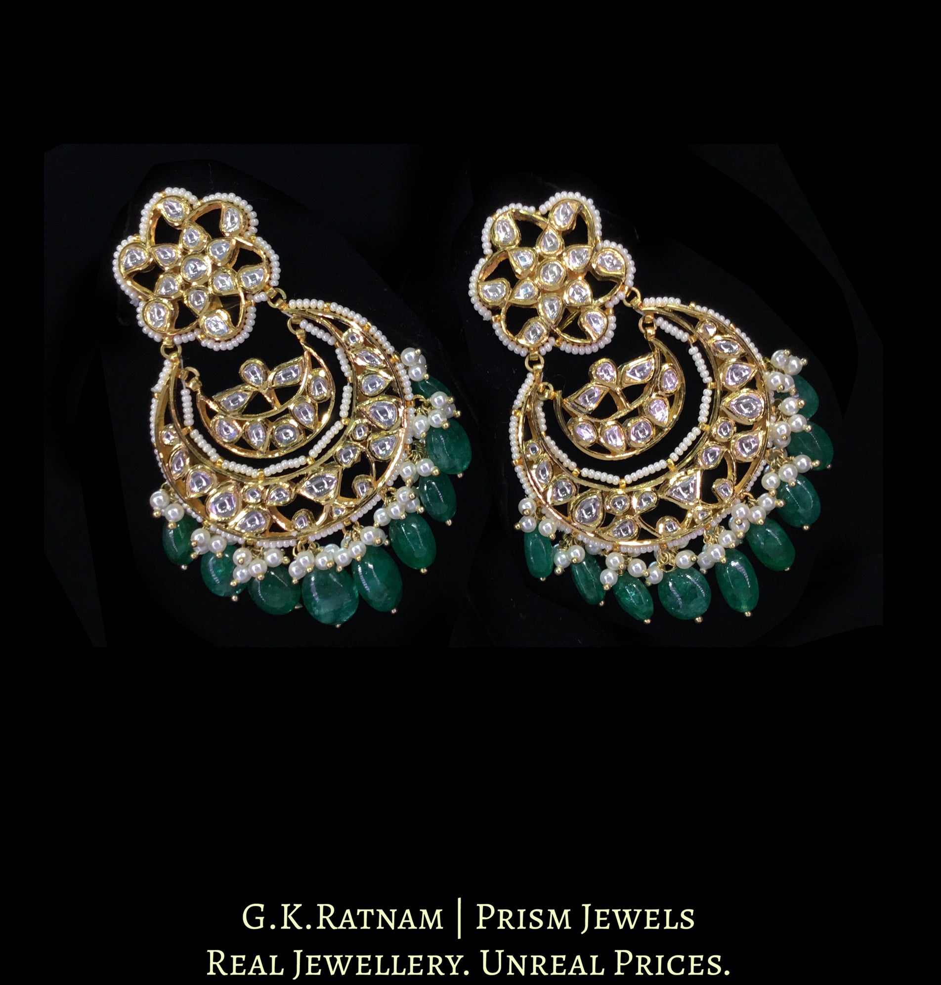 18k Gold and Diamond Polki Chand Bali Earring Pair with emerald-grade Green Beryls