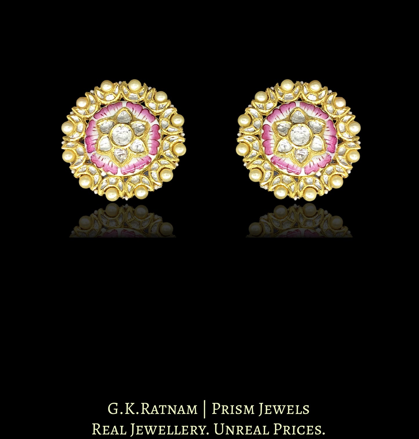 18k Gold and Diamond Polki Pink Enamelled Karanphool Earring Pair - G. K. Ratnam