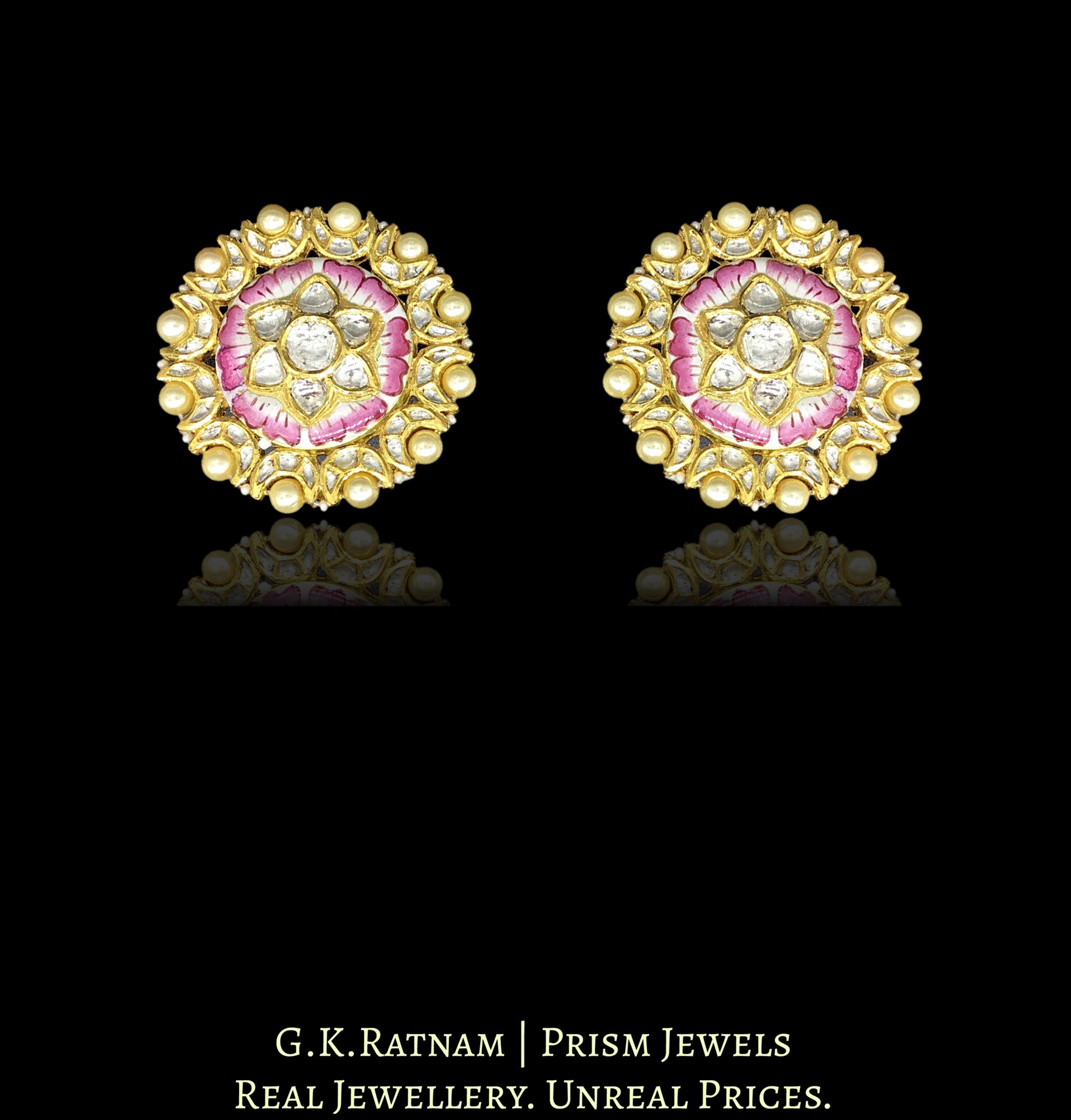 18k Gold and Diamond Polki Pink Enamelled Karanphool Earring Pair - G. K. Ratnam