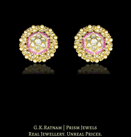 18k Gold and Diamond Polki Pink Enamelled Karanphool Earring Pair - G. K. Ratnam