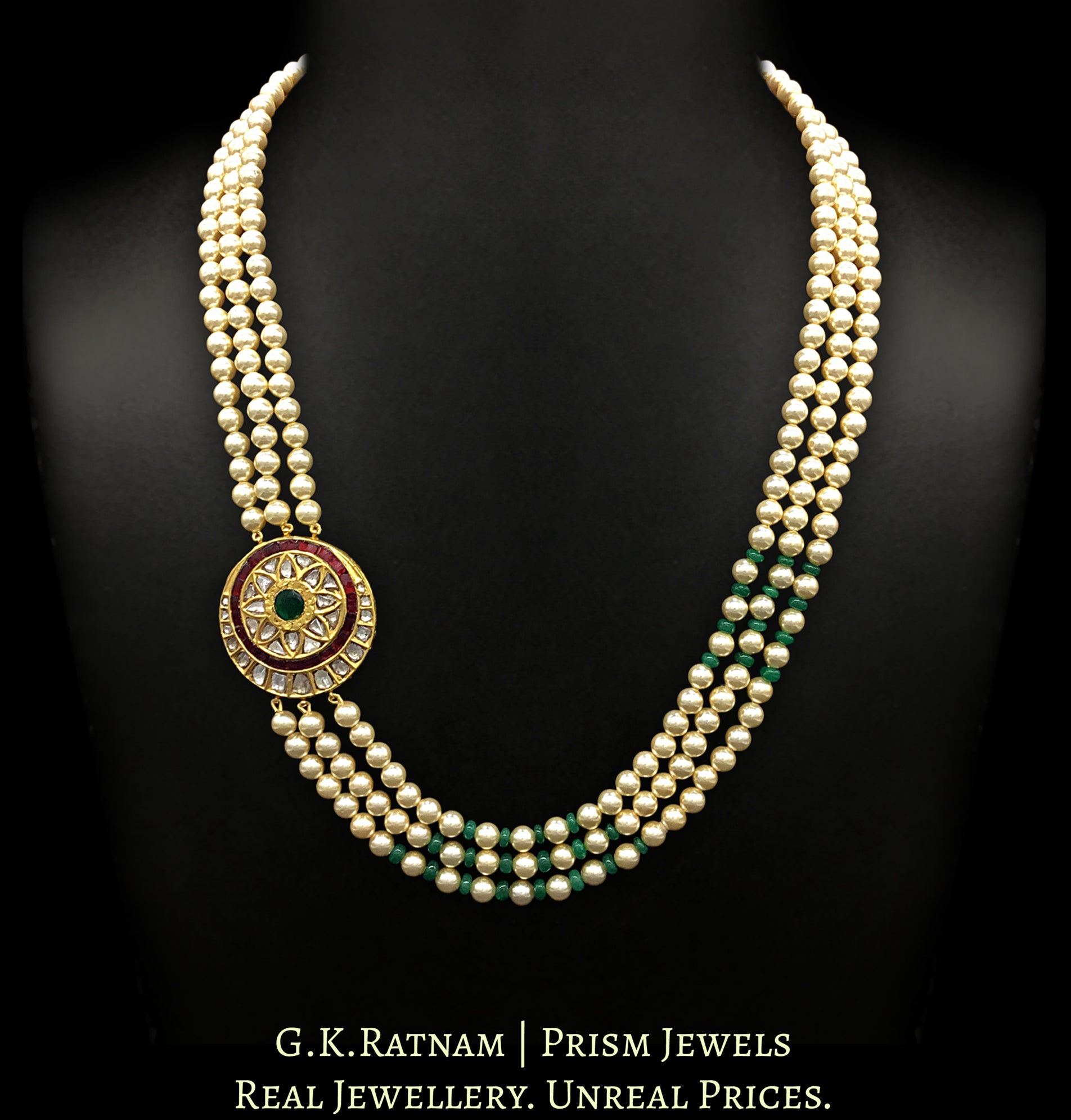 23k Gold and Diamond Polki Broach Necklace with round tikda strung in pearls and emerald-grade green beryls - G. K. Ratnam