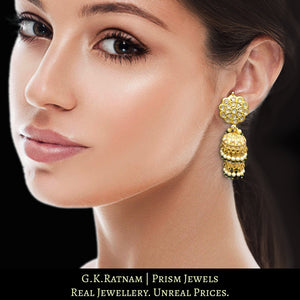 23k Gold and Diamond Polki two-tier Jhumki Earring Pair with pearls and a hint of green