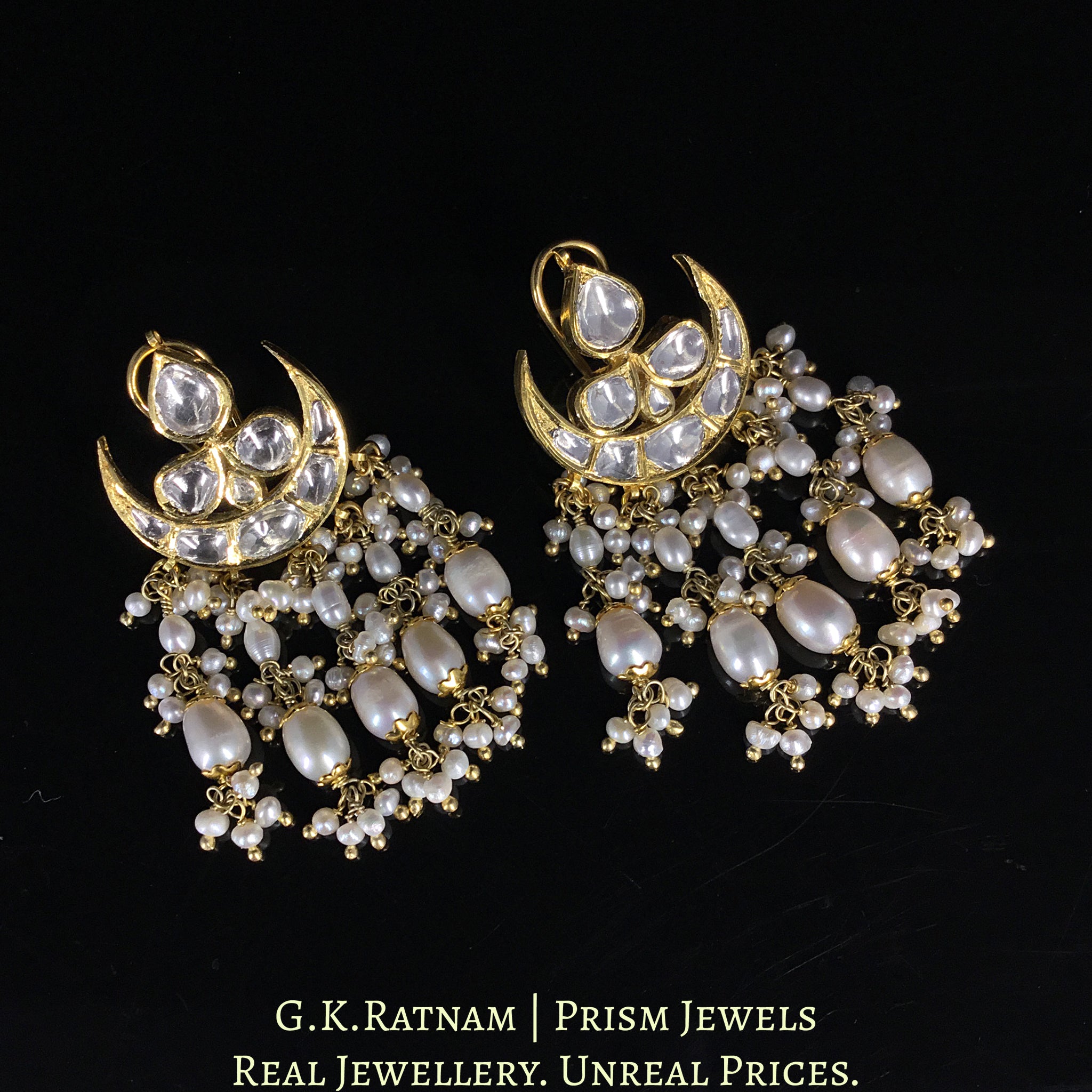 18k Gold and Diamond Polki chand-shaped Karanphool Earring Pair With Natural Freshwater Pearls